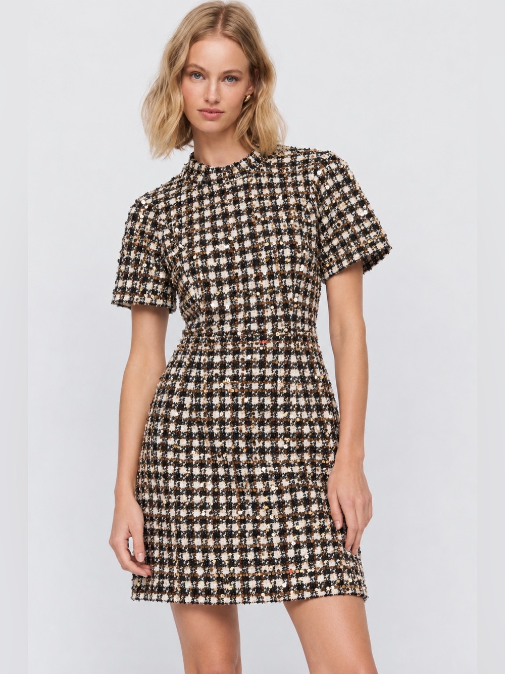 NWT Vince Camuto Sequin Tweed Mini Dress White Black Mock Neck Sz 10
